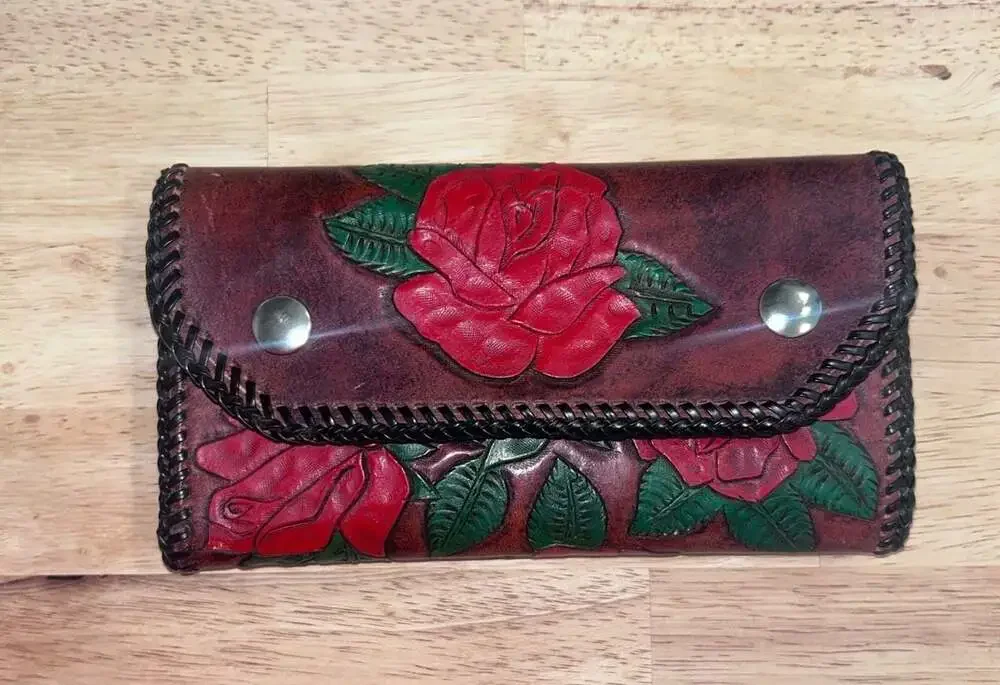 Hand Tooled and Hand Painted Leather Trifold Long Wallet with Rose Floral Design